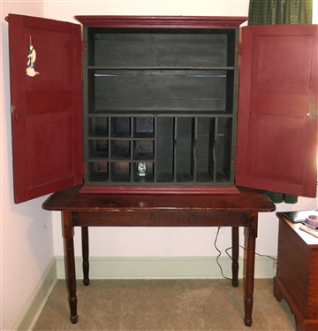 Country Primitive Married Desk - Sheraton Oak Table with Red and Green Painted Pegged Cupboard Top - Interior Fitted with Cubbies and File Slots  Raised Panel Doors -Pegged Construction - Table...