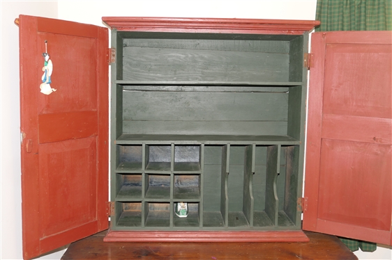Country Primitive Married Desk - Sheraton Oak Table with Red and Green Painted Pegged Cupboard Top - Interior Fitted with Cubbies and File Slots  Raised Panel Doors -Pegged Construction - Table...