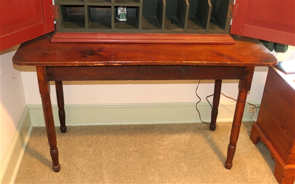 Country Primitive Married Desk - Sheraton Oak Table with Red and Green Painted Pegged Cupboard Top - Interior Fitted with Cubbies and File Slots  Raised Panel Doors -Pegged Construction - Table...