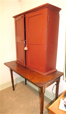 Country Primitive Married Desk - Sheraton Oak Table with Red and Green Painted Pegged Cupboard Top - Interior Fitted with Cubbies and File Slots  Raised Panel Doors -Pegged Construction - Table...