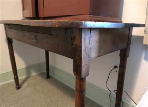 Country Primitive Married Desk - Sheraton Oak Table with Red and Green Painted Pegged Cupboard Top - Interior Fitted with Cubbies and File Slots  Raised Panel Doors -Pegged Construction - Table...