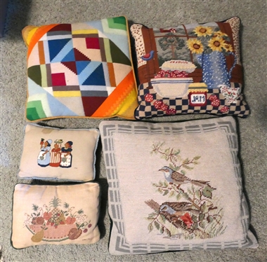 Group of Vintage Needlepoint Throw Pillows - Birds, Fruits, Kitchen Scene, and Colors - Colorful Abstract Design Pillow Measures 13 By 13