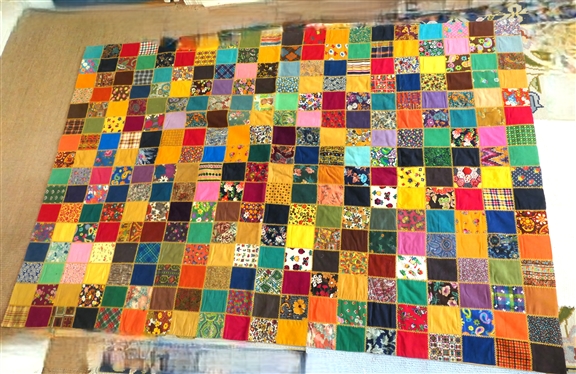 Very Cool 1970''s Tack Quilt - Bright Colorful Corduroy Squares - Gold Embroidery and Gold Back - Quilt Measures 81 By 54 