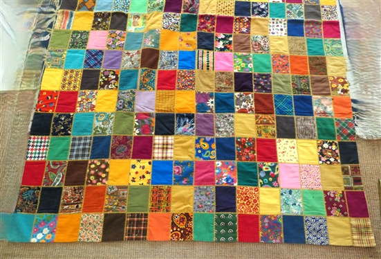 Very Cool 1970''s Tack Quilt - Bright Colorful Corduroy Squares - Gold Embroidery and Gold Back - Quilt Measures 81 By 54 