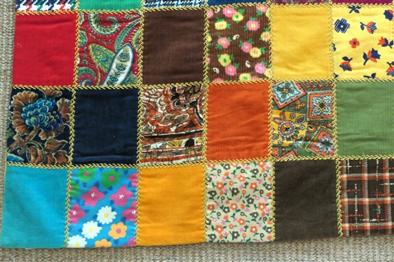 Very Cool 1970''s Tack Quilt - Bright Colorful Corduroy Squares - Gold Embroidery and Gold Back - Quilt Measures 81 By 54 