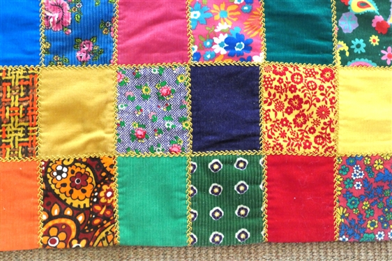 Very Cool 1970''s Tack Quilt - Bright Colorful Corduroy Squares - Gold Embroidery and Gold Back - Quilt Measures 81 By 54 