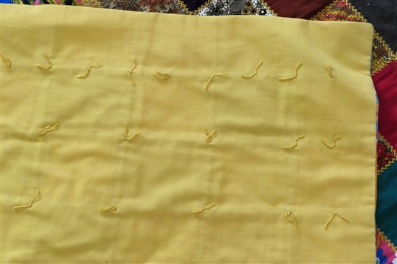 Very Cool 1970''s Tack Quilt - Bright Colorful Corduroy Squares - Gold Embroidery and Gold Back - Quilt Measures 81 By 54 