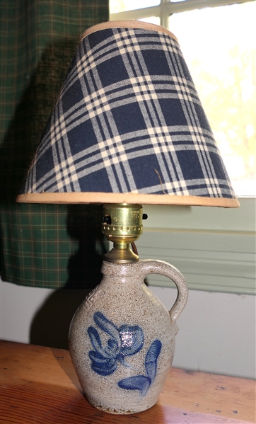 Rowe Pottery Works - Small Blue and Gray Stone Jug with Lamp Insert- - Blue Flower on Front - Blue and White Plaid Shade  - Lamp Insert Did Not Damage Jug - Jug is 5" Tall 