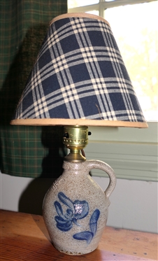 Rowe Pottery Works - Small Blue and Gray Stone Jug with Lamp Insert- - Blue Flower on Front - Blue and White Plaid Shade  - Lamp Insert Did Not Damage Jug - Jug is 5 Tall 