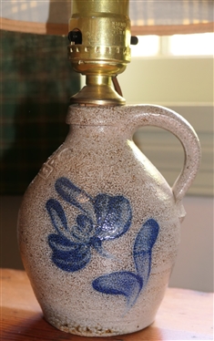 Rowe Pottery Works - Small Blue and Gray Stone Jug with Lamp Insert- - Blue Flower on Front - Blue and White Plaid Shade  - Lamp Insert Did Not Damage Jug - Jug is 5 Tall 