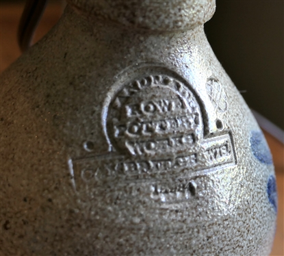 Rowe Pottery Works - Small Blue and Gray Stone Jug with Lamp Insert- - Blue Flower on Front - Blue and White Plaid Shade  - Lamp Insert Did Not Damage Jug - Jug is 5 Tall 