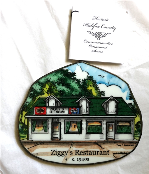 "Ziggys Restaurant c. 1940" Historic Halifax County Commemorative Ornament Series Stained Glass - By Through The Looking Glass Stained Glass - Original Hang Tag with Historical Information -...