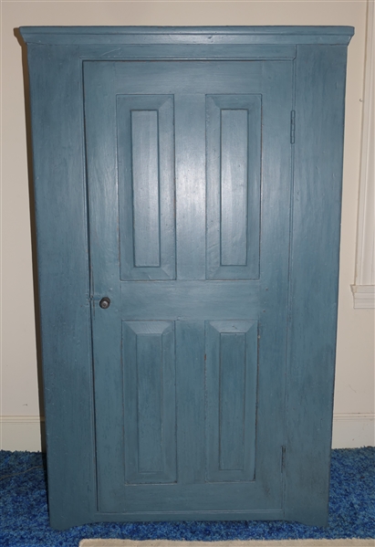Contemporary Blue Painted 1 Door Cupboard - Raised Panel Door - Fixed Shelves In Interior - Constructed Using Old Wood - Exterior with Nice Blue Paint - Terracotta Colored Interior - Cupboard...