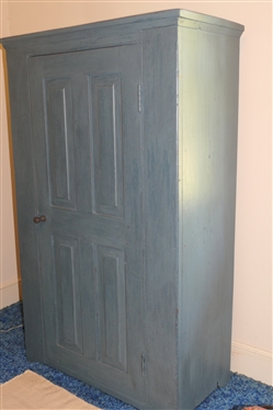 Contemporary Blue Painted 1 Door Cupboard - Raised Panel Door - Fixed Shelves In Interior - Constructed Using Old Wood - Exterior with Nice Blue Paint - Terracotta Colored Interior - Cupboard...