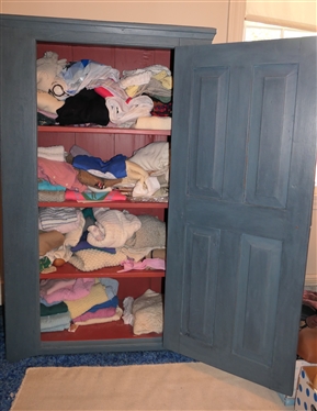Contemporary Blue Painted 1 Door Cupboard - Raised Panel Door - Fixed Shelves In Interior - Constructed Using Old Wood - Exterior with Nice Blue Paint - Terracotta Colored Interior - Cupboard...