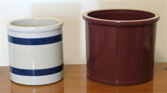 Roseville Ohio Stone Crock with Blue Bands and Maroon Glazed Crock - Roseville Crock Measures 6 Tall 6 Across
