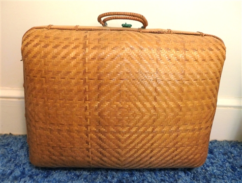Very Cool Vintage Rattan Bamboo Woven Suitcase  Green Metal Latch - Wrapped Handles - Case Measures 14 By 18 by 6 