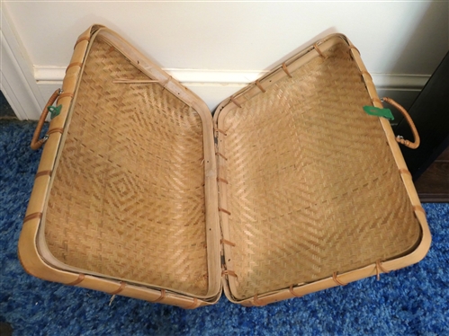 Very Cool Vintage Rattan Bamboo Woven Suitcase  Green Metal Latch - Wrapped Handles - Case Measures 14 By 18 by 6 