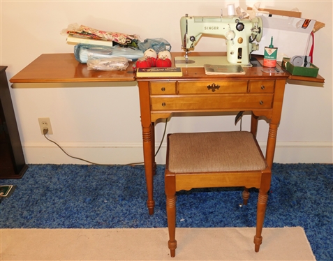 Singer 319W Sewing Machine - Mint Green in Color - In Maple Sewing Cabinet with Matching Storage Stool - Sewing Machine with Instruction Manual, Accessories, Singer Oil, Pinking Sheers, Scissors,...
