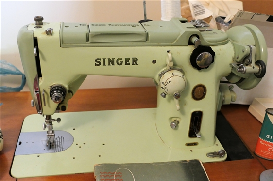 Singer 319W Sewing Machine - Mint Green in Color - In Maple Sewing Cabinet with Matching Storage Stool - Sewing Machine with Instruction Manual, Accessories, Singer Oil, Pinking Sheers, Scissors,...