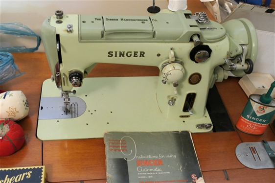 Singer 319W Sewing Machine - Mint Green in Color - In Maple Sewing Cabinet with Matching Storage Stool - Sewing Machine with Instruction Manual, Accessories, Singer Oil, Pinking Sheers, Scissors,...