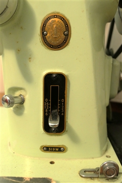 Singer 319W Sewing Machine - Mint Green in Color - In Maple Sewing Cabinet with Matching Storage Stool - Sewing Machine with Instruction Manual, Accessories, Singer Oil, Pinking Sheers, Scissors,...