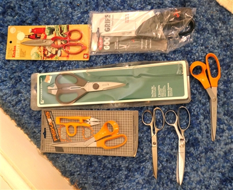 Lot of Scissors - Chicago Cutlery, OXO, Fiskars, Kitchen King - All New and Wiss, Fiskars, and Rainbow - Used