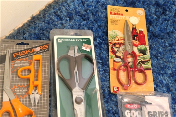 Lot of Scissors - Chicago Cutlery, OXO, Fiskars, Kitchen King - All New and Wiss, Fiskars, and Rainbow - Used