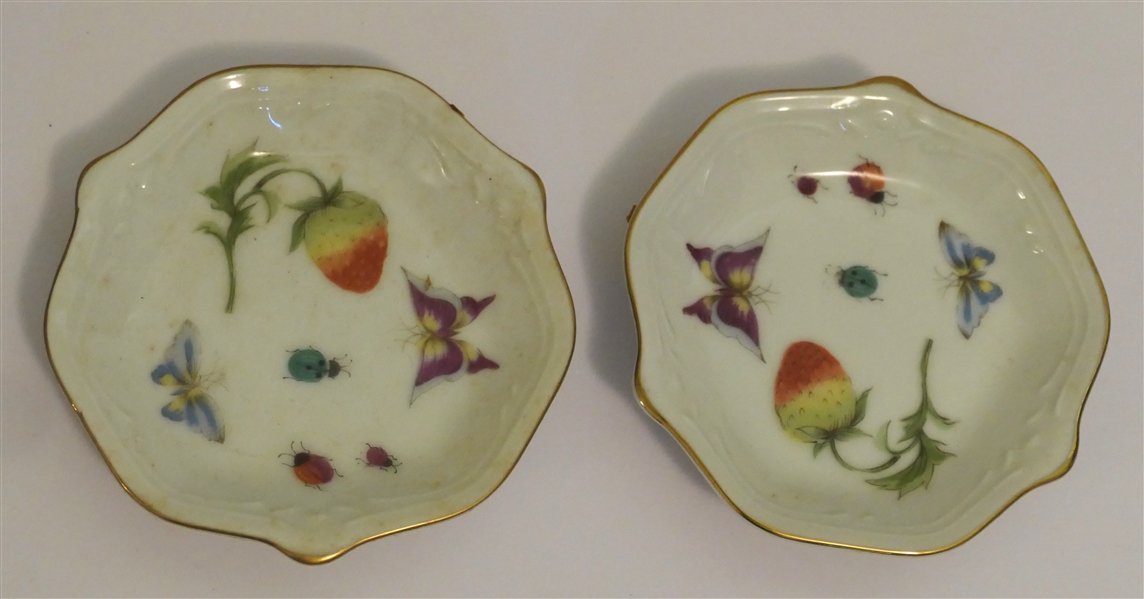 2 Small Porcelain Dishes - Fruits, Butterflies, and Insects - Good Gold Trim - Number 6172 On Back of Each in Gold - Dishes Measure 3 3/4" Across
