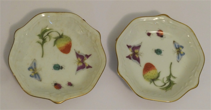 2 Small Porcelain Dishes - Fruits, Butterflies, and Insects - Good Gold Trim - Number 6172 On Back of Each in Gold - Dishes Measure 3 3/4 Across