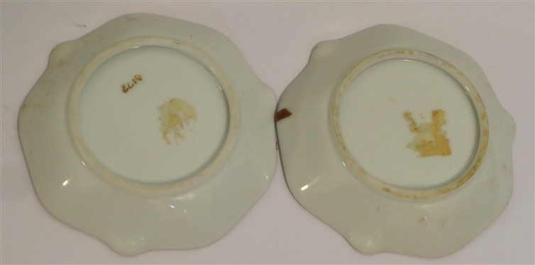 2 Small Porcelain Dishes - Fruits, Butterflies, and Insects - Good Gold Trim - Number 6172 On Back of Each in Gold - Dishes Measure 3 3/4 Across
