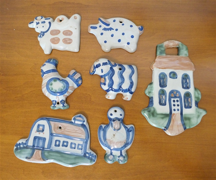 7 - MA Hadley Hand painted Pottery Barn Yard Plaques including Farm House, Barn, Rooster, Cow, Sheep, Pig, Duck  - House Measures 7" By 4" 