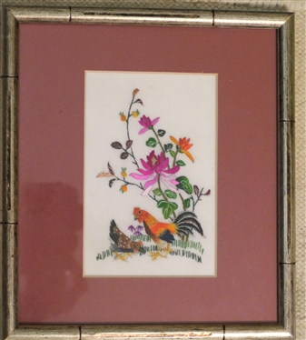 Pair of Hand Stitched Needlework Chicken and Roosters with Bright Colorful Flowers - Framed and Matted in Bamboo Style Frame - Hong Kong 1982 on Back - Frames Measures 9 By 8 1/4 