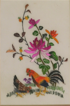 Pair of Hand Stitched Needlework Chicken and Roosters with Bright Colorful Flowers - Framed and Matted in Bamboo Style Frame - Hong Kong 1982 on Back - Frames Measures 9 By 8 1/4 