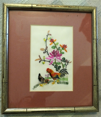 Pair of Hand Stitched Needlework Chicken and Roosters with Bright Colorful Flowers - Framed and Matted in Bamboo Style Frame - Hong Kong 1982 on Back - Frames Measures 9 By 8 1/4 