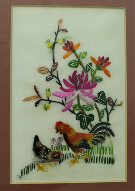 Pair of Hand Stitched Needlework Chicken and Roosters with Bright Colorful Flowers - Framed and Matted in Bamboo Style Frame - Hong Kong 1982 on Back - Frames Measures 9 By 8 1/4 