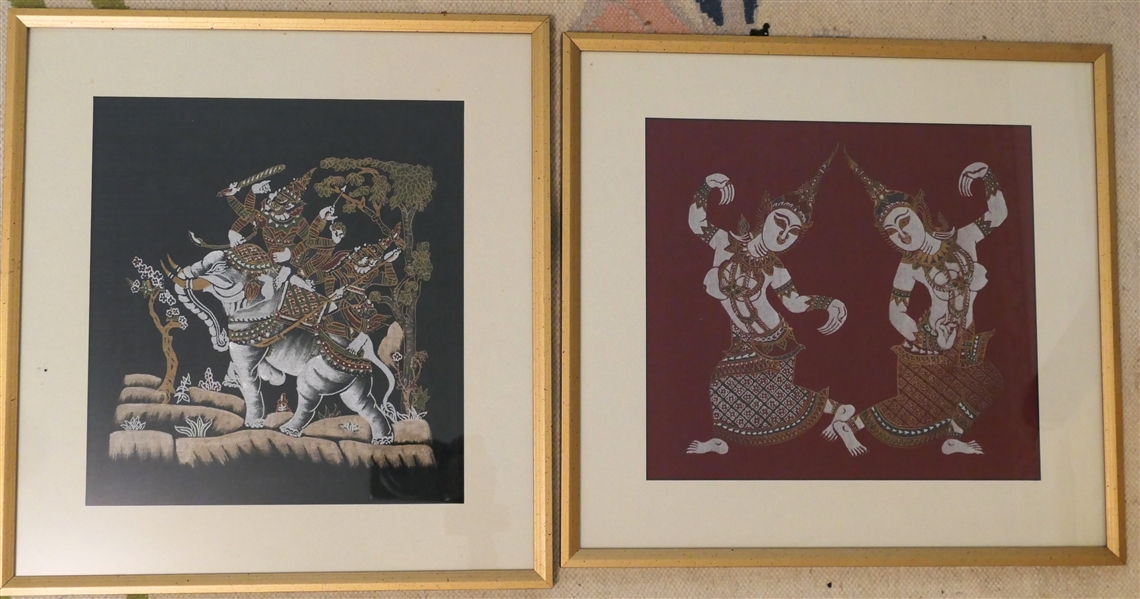 2 Framed and Matted Thai Batik Textiles - Dancing Figures and Elephant - Both in Gold Frames -  Each Measures 15" By 16" 