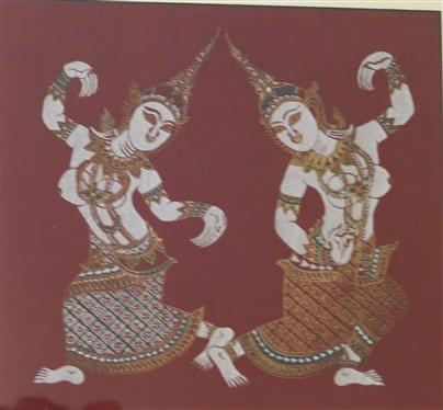 2 Framed and Matted Thai Batik Textiles - Dancing Figures and Elephant - Both in Gold Frames -  Each Measures 15 By 16 