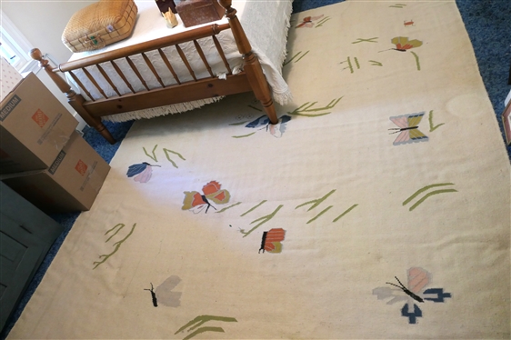 Vintage Flat Weave Rug with Butterfly Motif - Cream Background with Flying Butterflies and Green Shoots - Rug Measures 9''10 by 8''2 