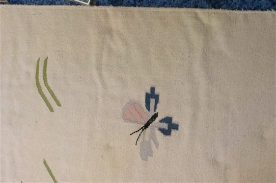 Vintage Flat Weave Rug with Butterfly Motif - Cream Background with Flying Butterflies and Green Shoots - Rug Measures 9''10 by 8''2 
