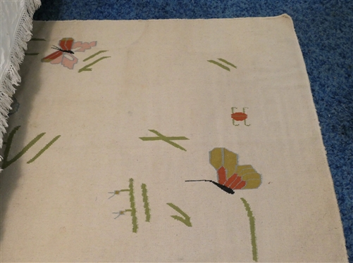 Vintage Flat Weave Rug with Butterfly Motif - Cream Background with Flying Butterflies and Green Shoots - Rug Measures 9''10 by 8''2 