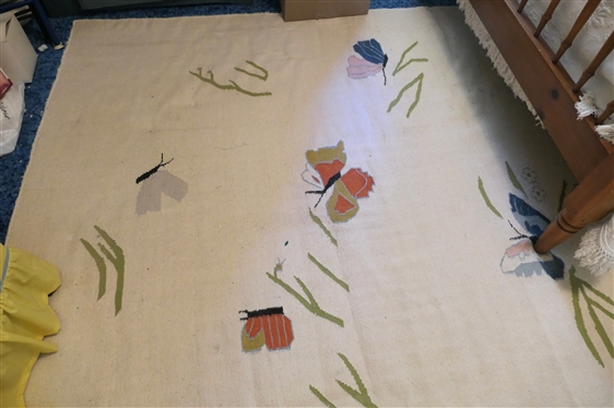 Vintage Flat Weave Rug with Butterfly Motif - Cream Background with Flying Butterflies and Green Shoots - Rug Measures 9''10 by 8''2 