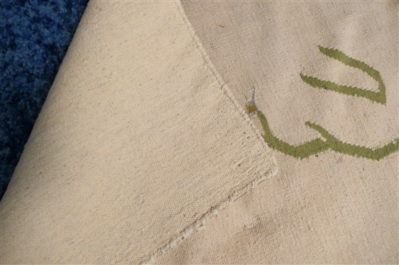 Vintage Flat Weave Rug with Butterfly Motif - Cream Background with Flying Butterflies and Green Shoots - Rug Measures 9''10 by 8''2 