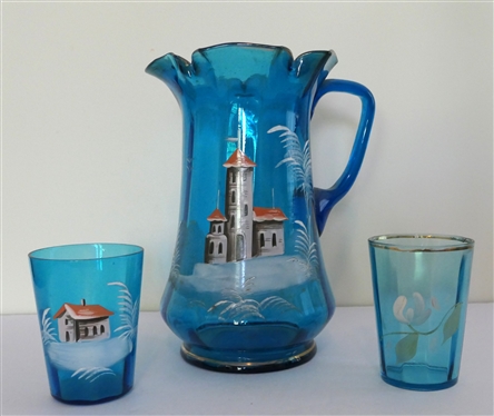 Victorian Blue Enamel Painted Pitcher and Glasses - Large Pitcher with Enamel Castle and Matching Tumbler Plus Additional Tumbler with Enamel Flower - Pitcher Measures 9 1/2 Tall 