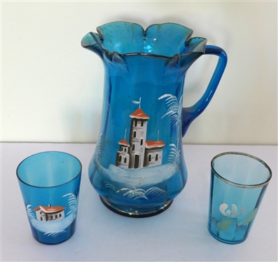 Victorian Blue Enamel Painted Pitcher and Glasses - Large Pitcher with Enamel Castle and Matching Tumbler Plus Additional Tumbler with Enamel Flower - Pitcher Measures 9 1/2 Tall 