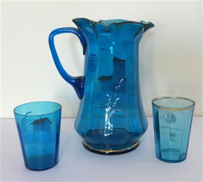 Victorian Blue Enamel Painted Pitcher and Glasses - Large Pitcher with Enamel Castle and Matching Tumbler Plus Additional Tumbler with Enamel Flower - Pitcher Measures 9 1/2 Tall 