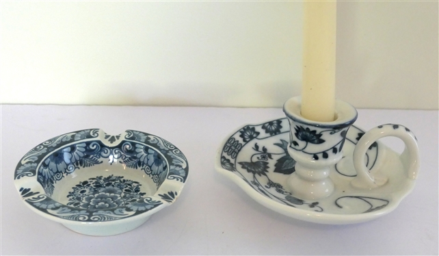 Vienna Woods Blue Onion China Chamberstick Candle Holder and Blue Delft Ashtray - Made in Holland - Ash Tray Measures 4 1/2 Across