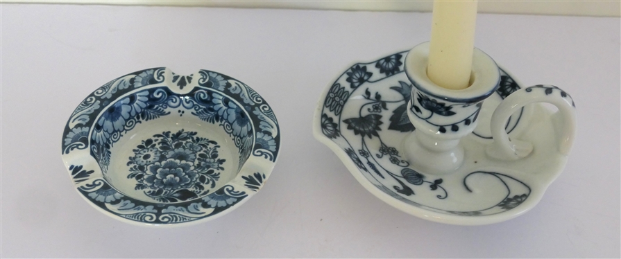 Vienna Woods Blue Onion China Chamberstick Candle Holder and Blue Delft Ashtray - Made in Holland - Ash Tray Measures 4 1/2 Across