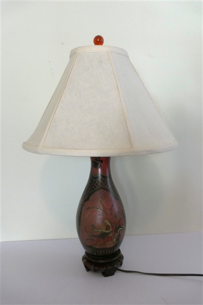 Chinoiserie Decorator Table Lamp -Black, Red, and Gold Decorated Ceramic Lam with Wood Base  - Nice Shade with Red Glass Finial - Bird and Tree Motif - Lamp Measures 12" To Bulb