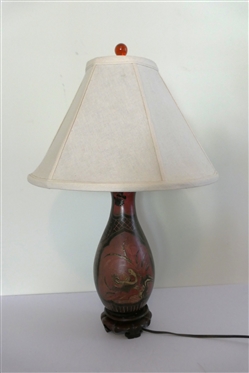 Chinoiserie Decorator Table Lamp -Black, Red, and Gold Decorated Ceramic Lam with Wood Base  - Nice Shade with Red Glass Finial - Bird and Tree Motif - Lamp Measures 12 To Bulb